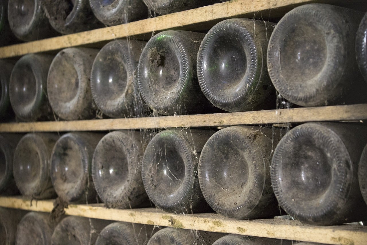 old wine bottles in winery